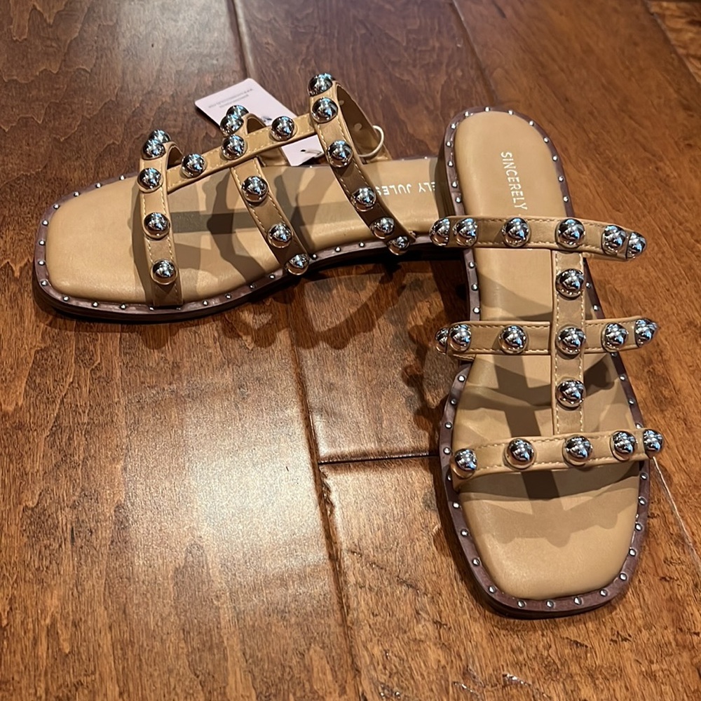 Sincerely Jules Ventura Tan Studded Gladiator Sandals Silver Ball Tan Slides 7.5 - Picture 4 of 17